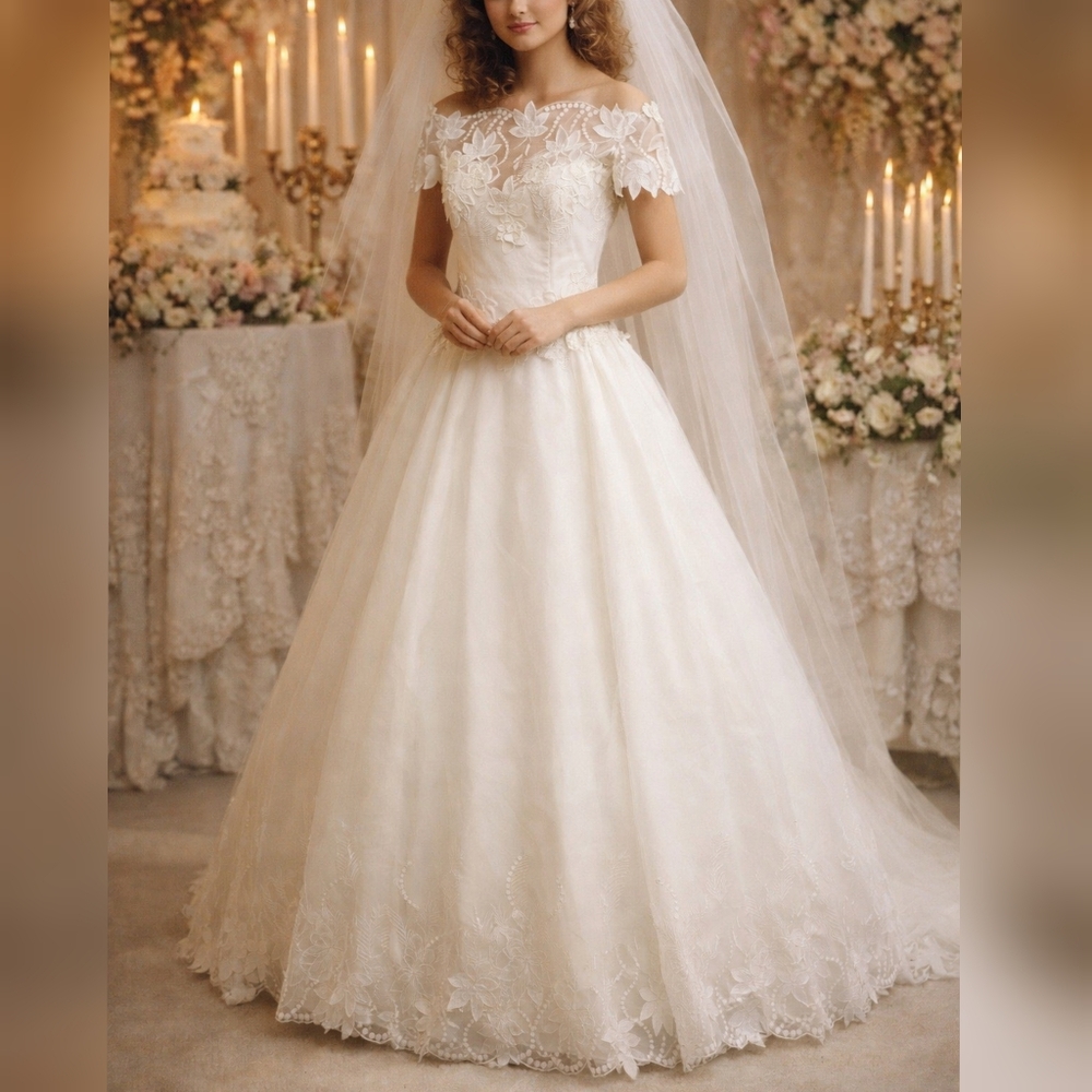 Bianchi Vintage 80s Ivory Embroidered Organza Floral Illusion Wedding Dress sz 8
